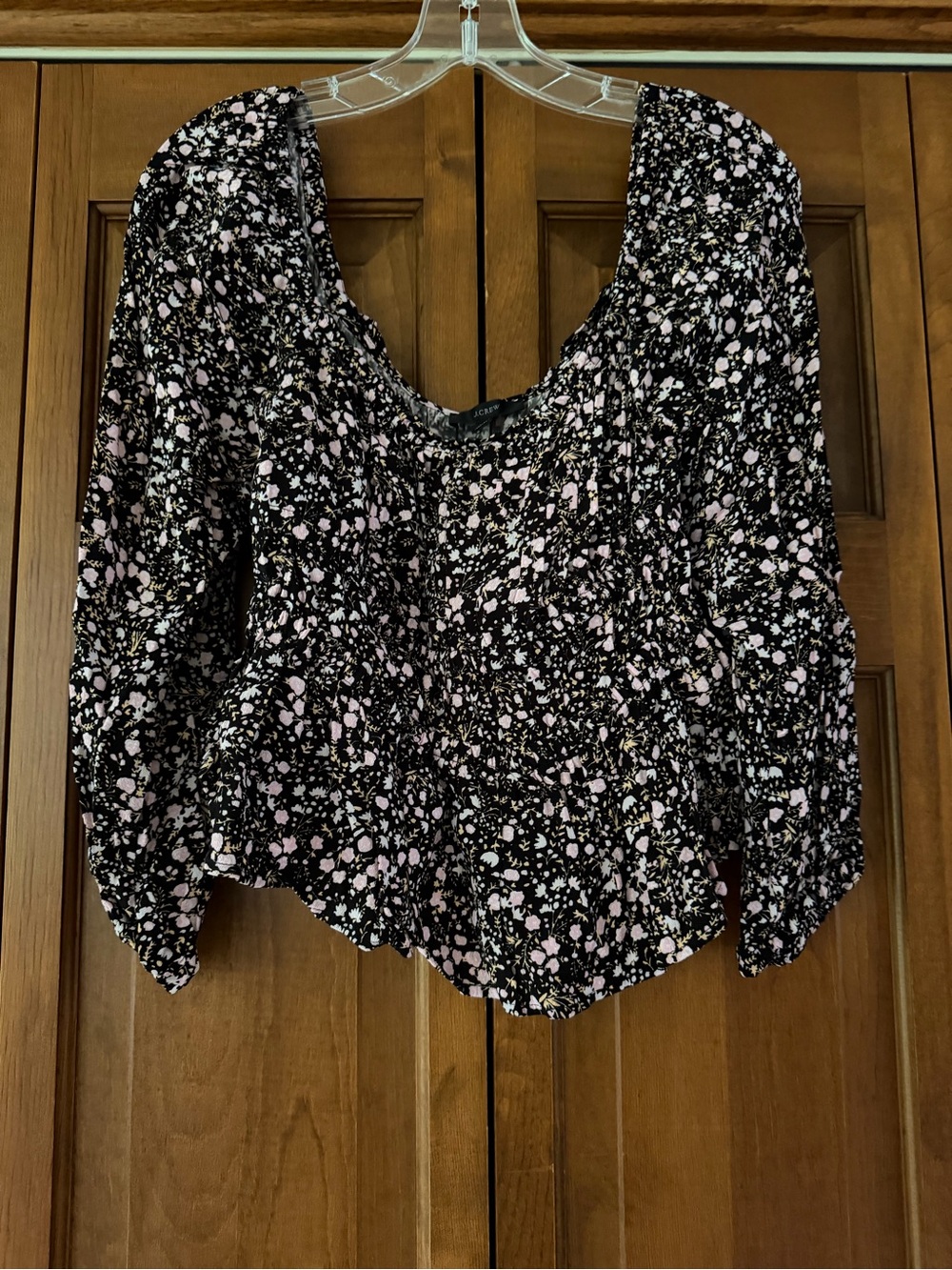 J. Crew Black Floral Smocked Peasant Blouse with Pink and Cream Spots
